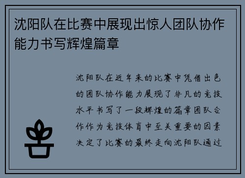 沈阳队在比赛中展现出惊人团队协作能力书写辉煌篇章