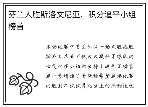 芬兰大胜斯洛文尼亚，积分追平小组榜首